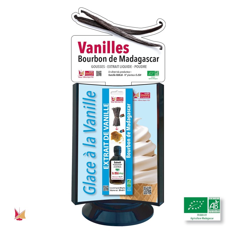 Présentoir de comptoir pour 3 produits Vanille LAVANY : Gousses, Extraits, Poudre Agriculture Biologique