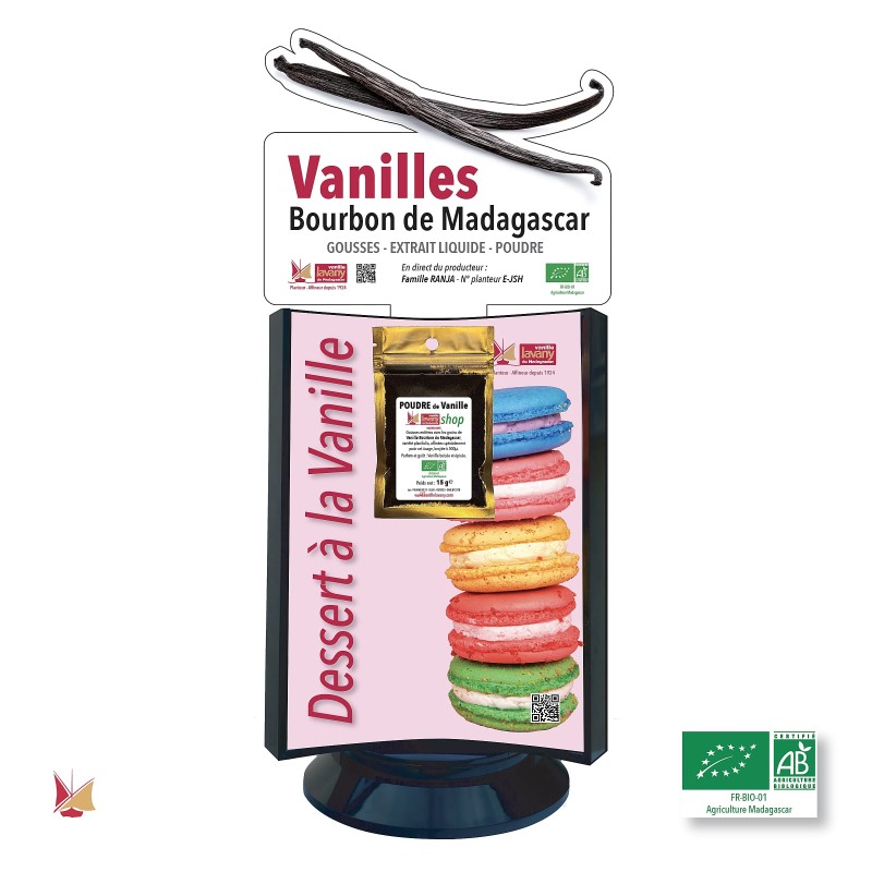 Présentoir de comptoir pour 3 produits Vanille LAVANY : Gousses, Extraits, Poudre Agriculture Biologique