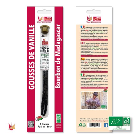 Blisterpackung mit 2 LAVANY Bourbon Bio-Vanilleschoten aus Madagaskar im Glasröhrchen - Gesamtnettogewicht 8 g