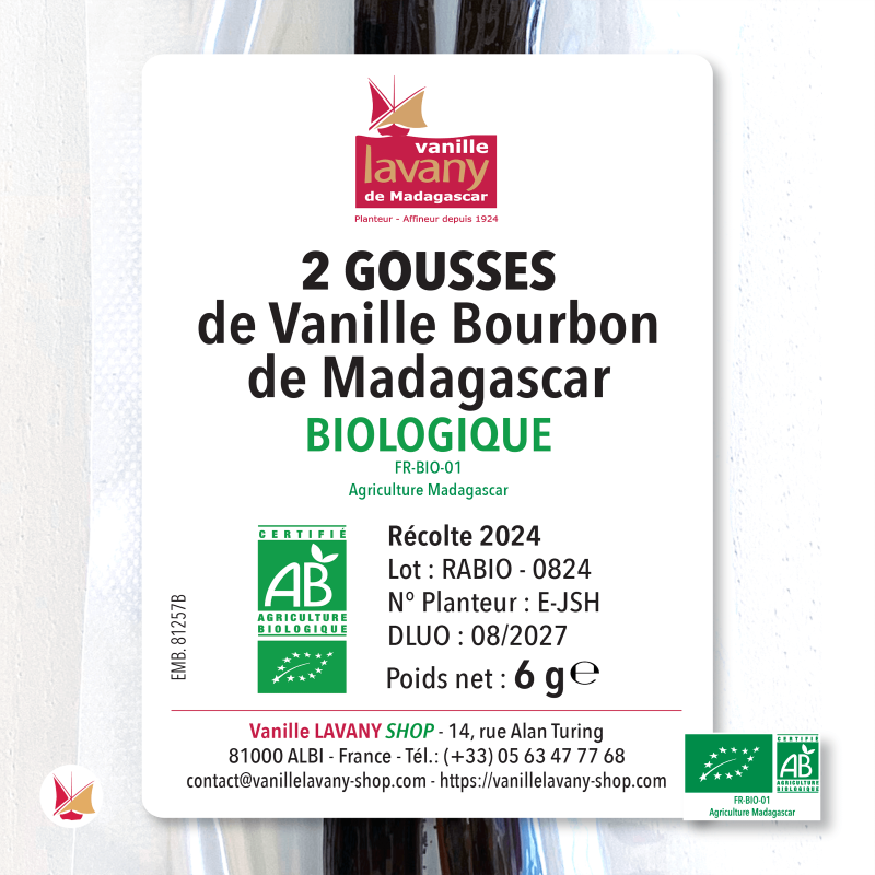 Etiquette de 2 gousses de Vanille Biologique LAVANY Bourbon de Madagascar en sachet sous vide - Poids net total 6 g