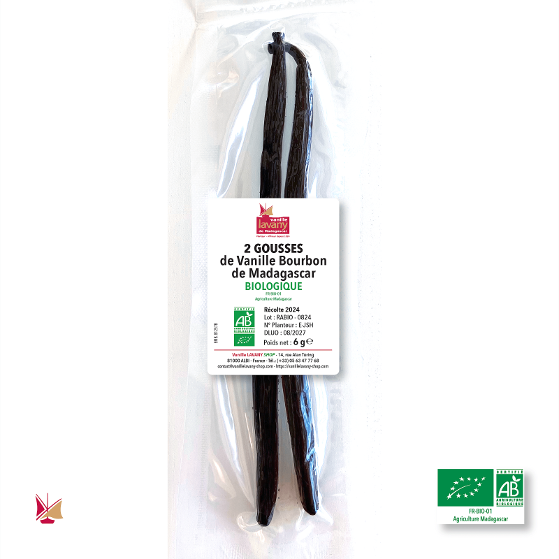 2 Organic Lavany Bourbon Vanilla Pods from Madagascar in a vacuum-sealed bag - Total net weight 6 g