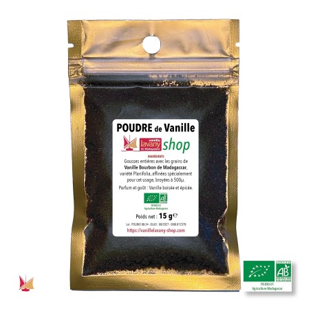 15 g Zip-Lock-Beutel LAVANY Bourbon-Vanillepulver aus biologischem Anbau aus Madagaskar