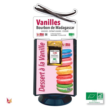 Présentoir de comptoir avec trois produits Vanille LAVANY : Gousses, Poudre, Extrait, Agriculture Biologique