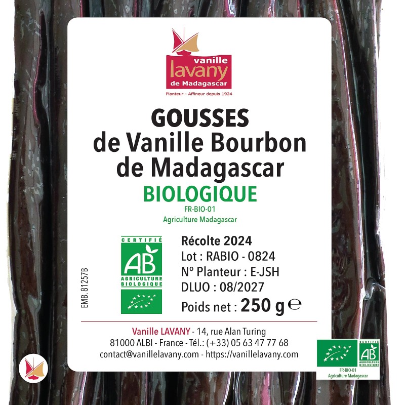 Label of a vacuum-sealed bag of LAVANY Organic Bourbon Vanilla Pods from Madagascar - Total net weight 250 g