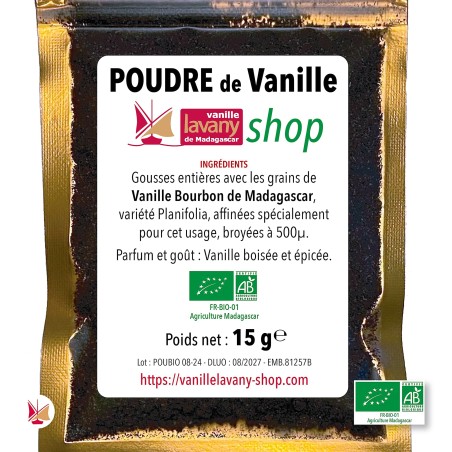 Etiquette de 1 Sachet dose de 15 g de Poudre de Vanille LAVANY issue de gousses Bourbon de Madagascar Agriculture Biologique