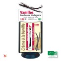 Espositore da banco con i 3 prodotti LAVANY alla Vaniglia Bourbon Biologica del Madagascar: Baccelli, Estratto, Polvere